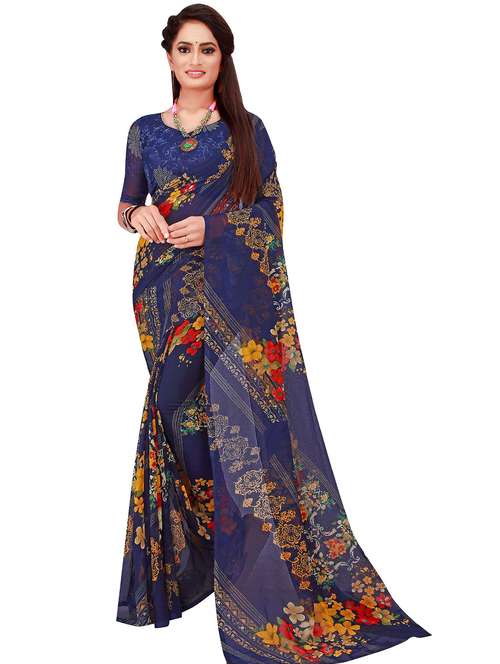 women's floral navy blue colored saree with blouse - 19263286 - Standard Image - 0
