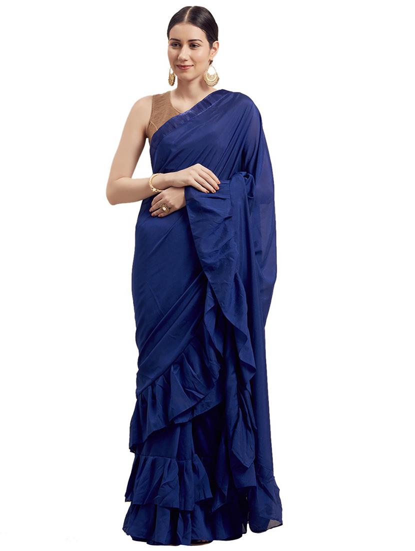 blue solid saree with blouse - 19263807 - Zoom Image - 0