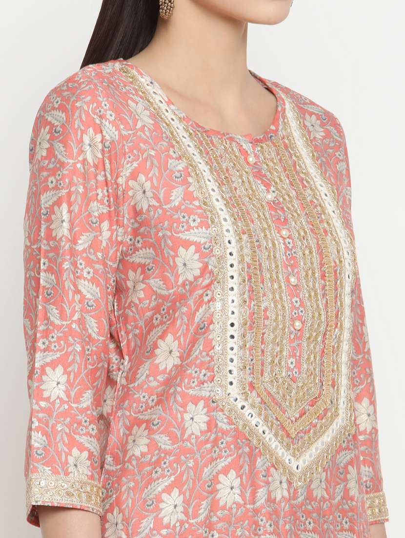 peach three quarter sleeve kurta pant set  - 19264591 -  Standard Image - 5