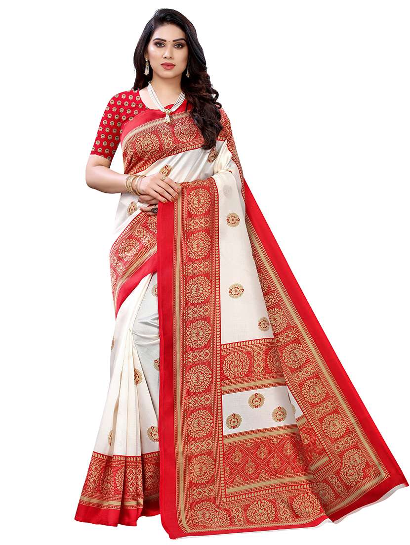 women's self design white colored saree with blouse