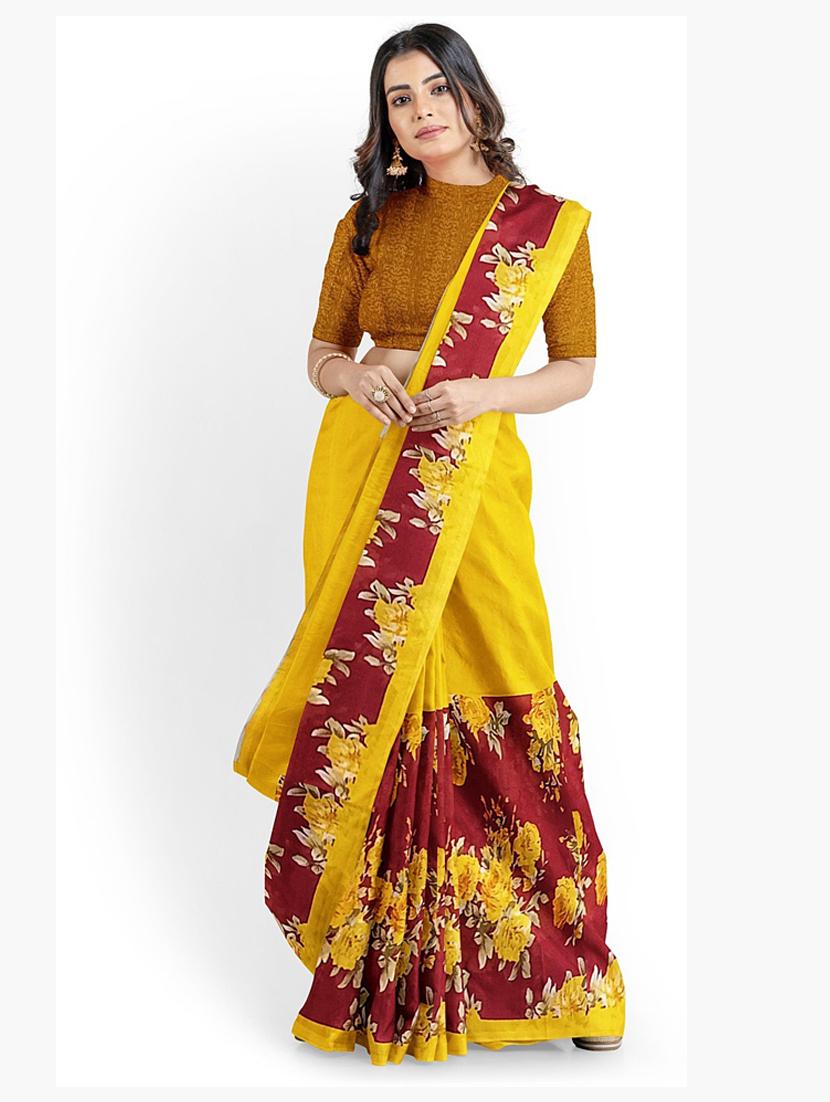 women's printed yellow colored saree with blouse