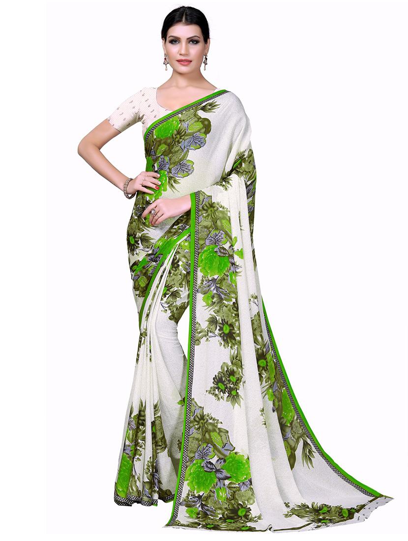 women's floral white colored saree with blouse