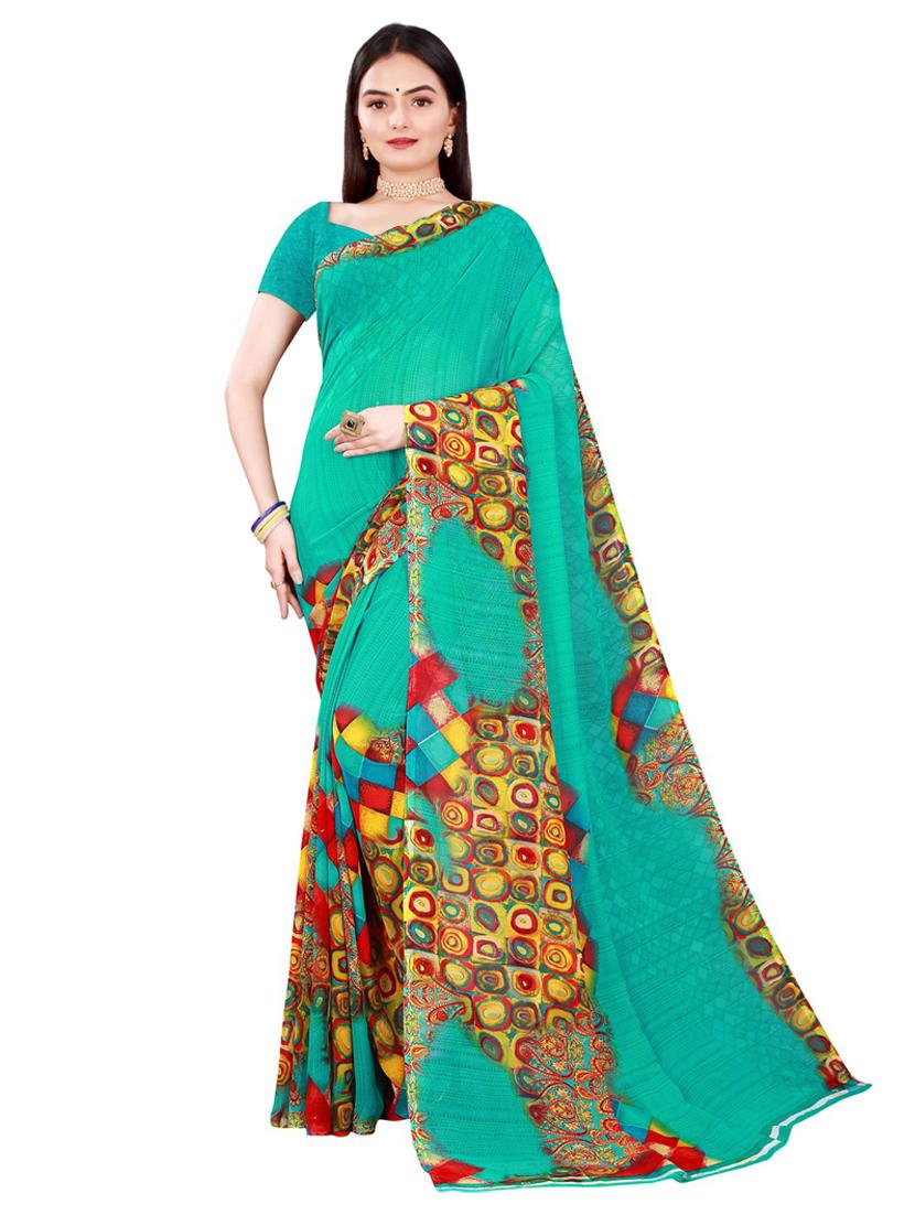 women's printed turquoise colored saree with blouse