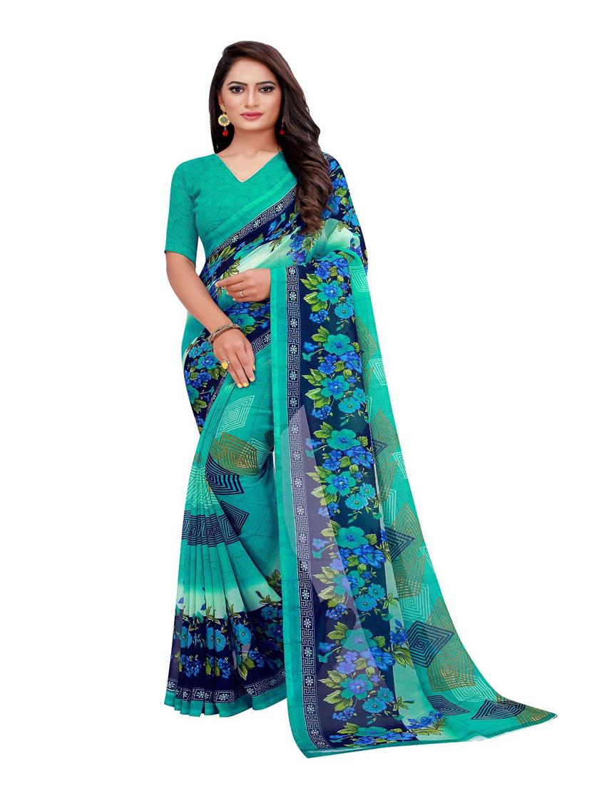 women's printed green colored saree with blouse