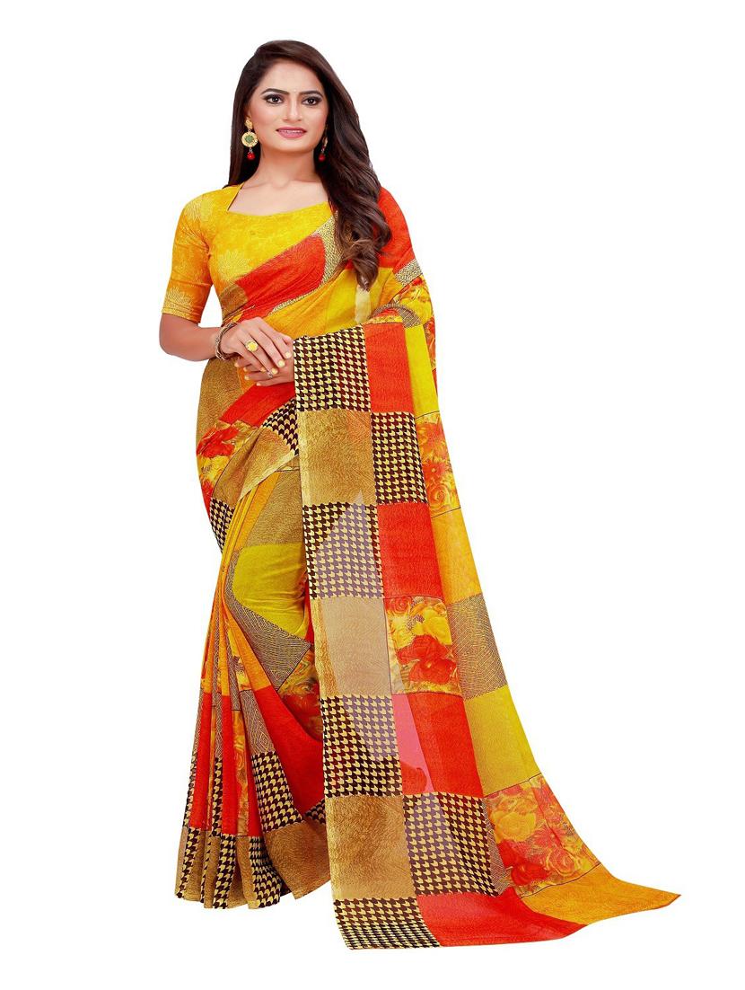 women's printed mustard colored saree with blouse