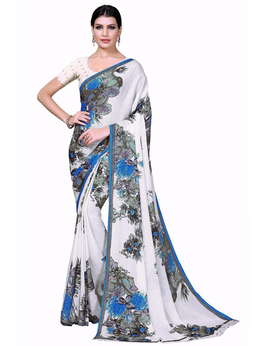women's printed white colored saree with blouse