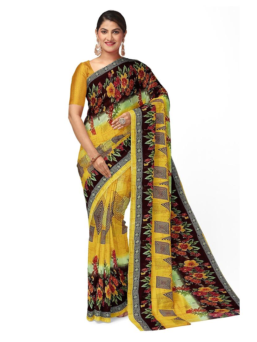 women's printed yellow colored saree with blouse