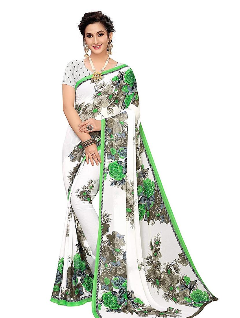 women's floral white colored saree with blouse