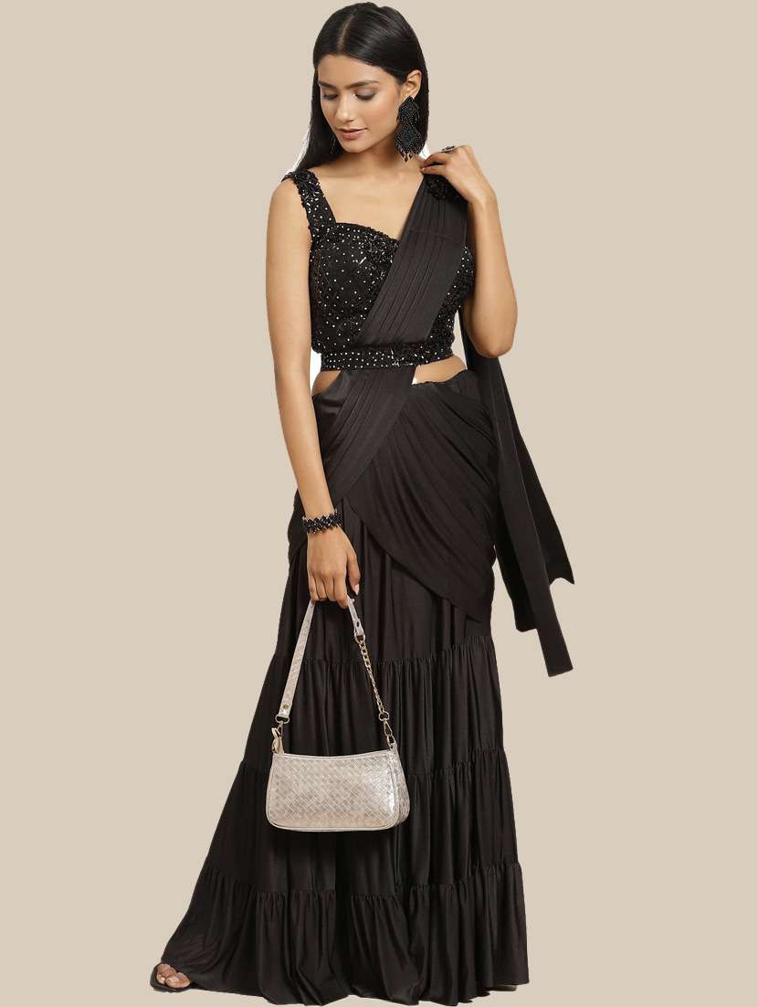 women's solid black colored saree with blouse