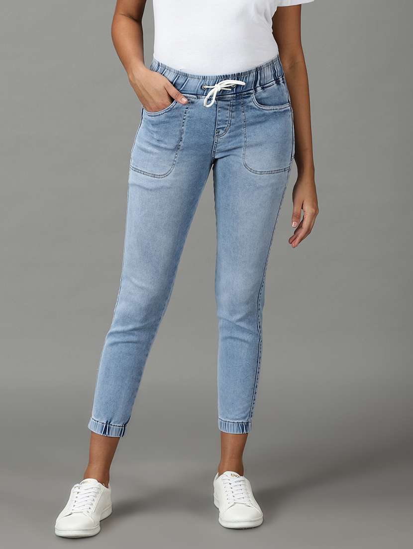 women light blue plain jogger fit jeans