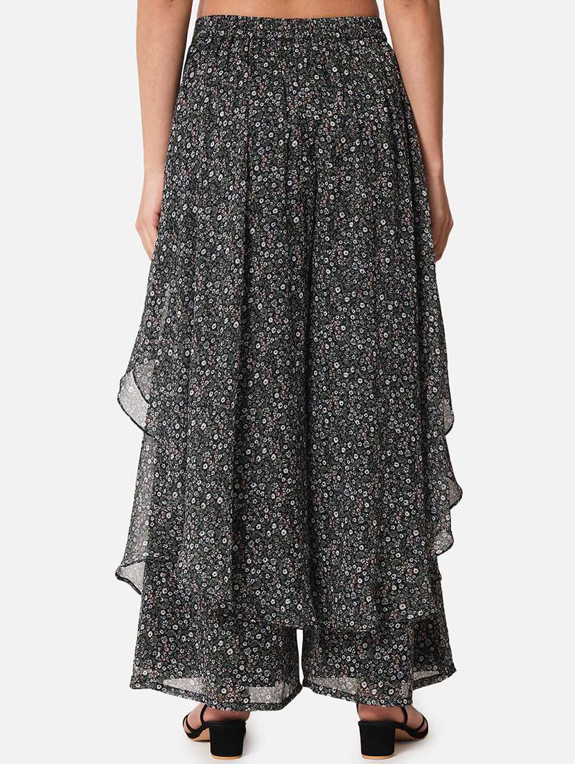 Black Florals Print Flared Palazzo