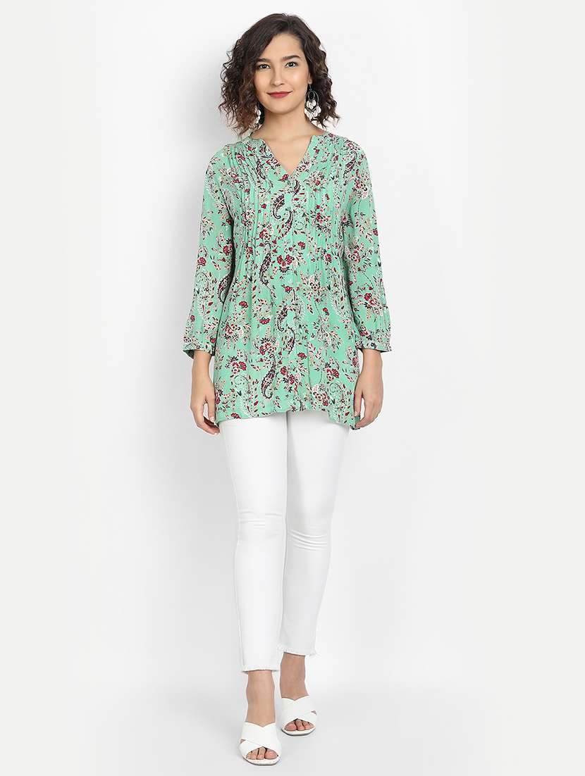 green mandarin neck printed asymmetric top - 19298390 - Standard Image - 3