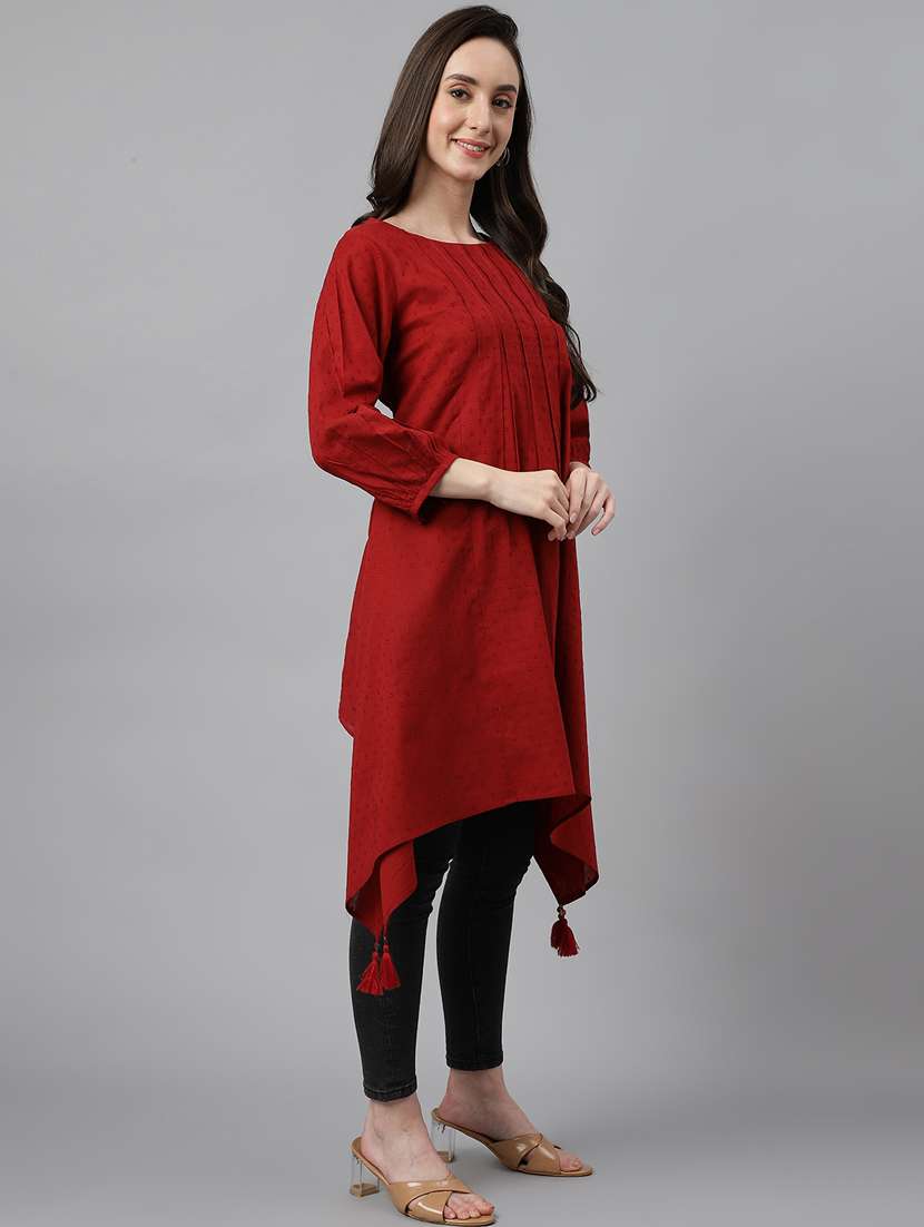women maroon self design long sleeve kurta - 19300228 -  Standard Image - 3