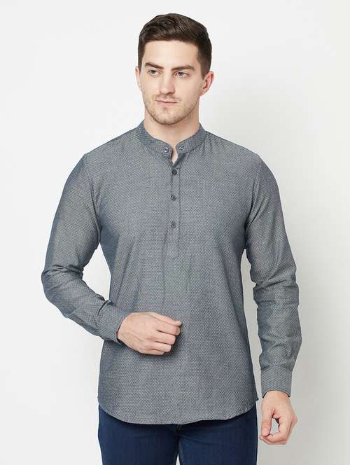 grey cotton short kurta - 19300359 -  Standard Image - 0