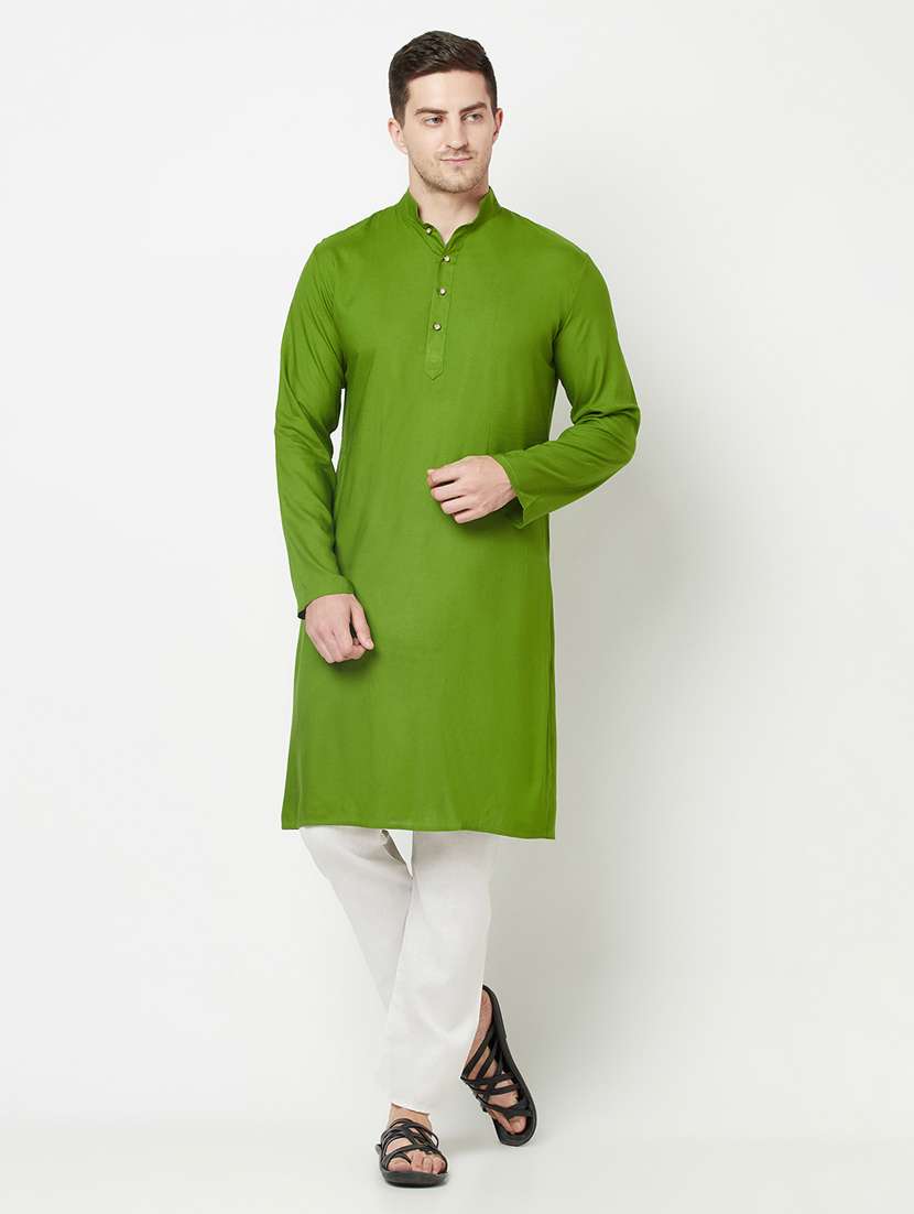green solid side button long kurta - 19300376 -  Zoom Image - 0