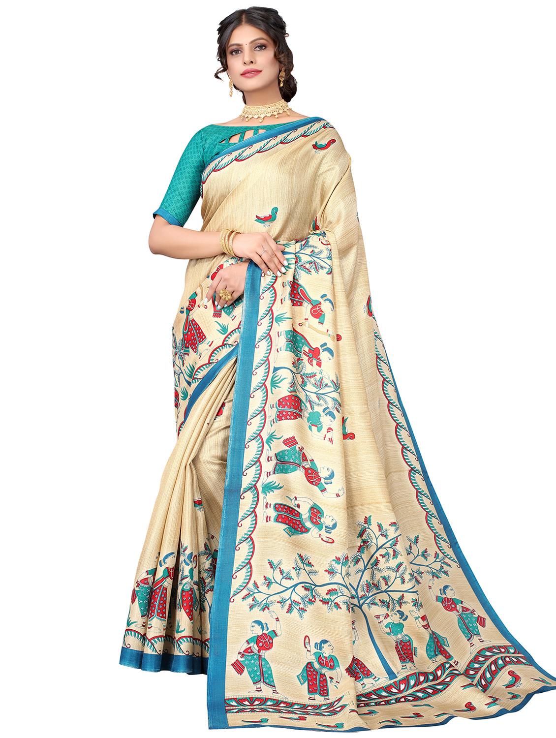 beige printed saree - 19300811 -  Zoom Image - 0