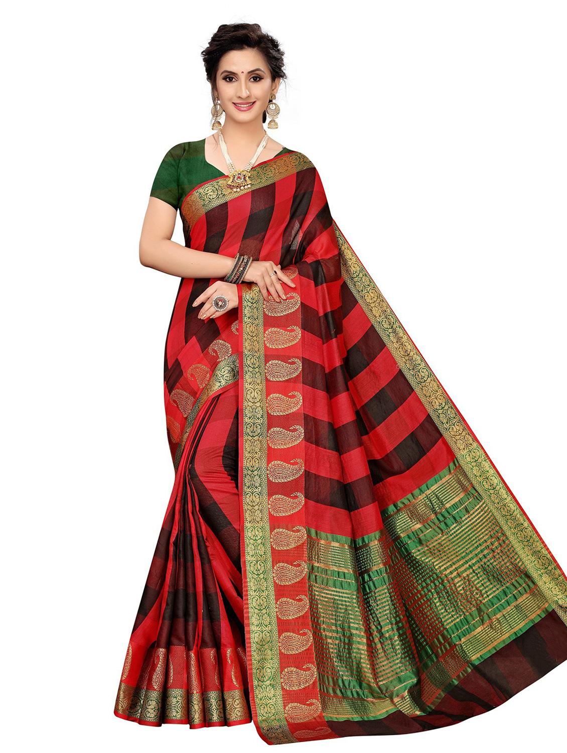 contrast bordered woven saree with blouse - 19301116 - Zoom Image - 0