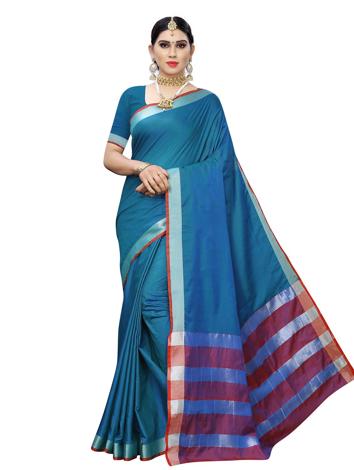 contrast bordered woven saree with blouse - 19301169 - Zoom Image - 0