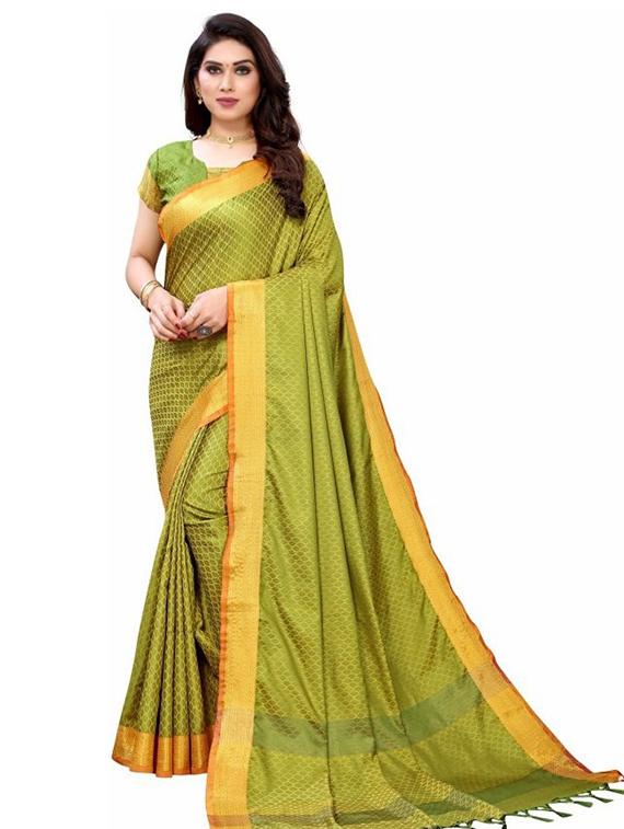 contrast bordered woven saree with blouse - 19301179 - Zoom Image - 0