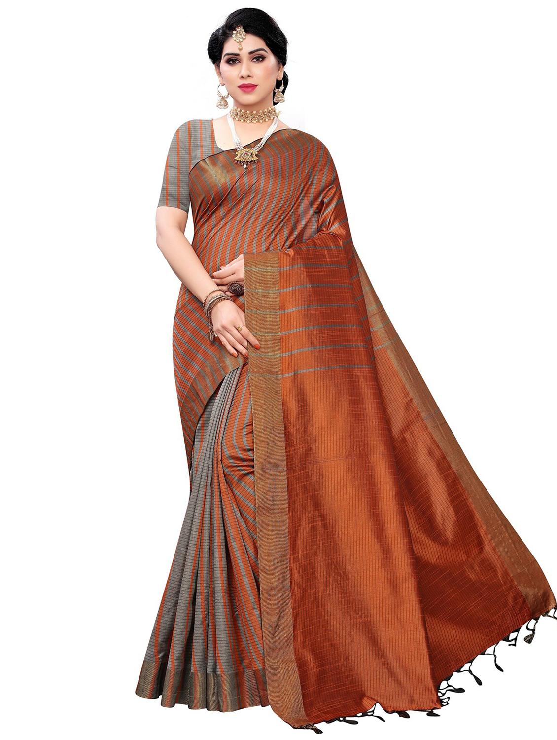 contrast bordered woven saree with blouse - 19301196 -  Zoom Image - 0