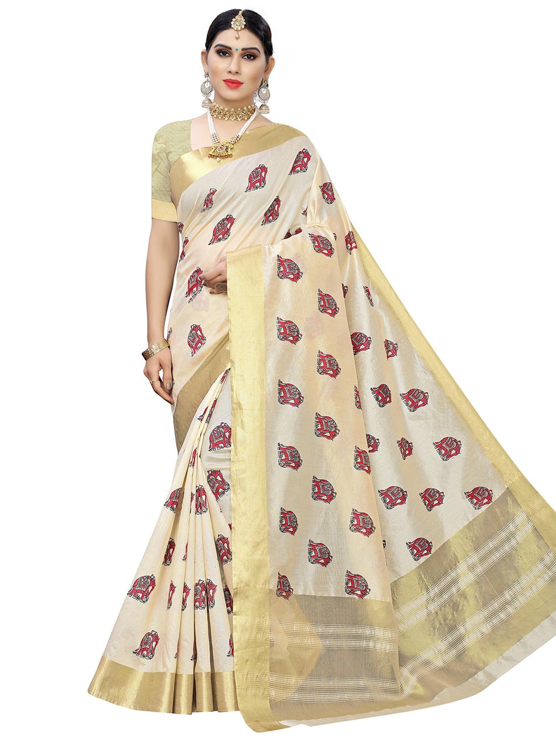 contrast bordered printed saree with blouse - 19301306 - Zoom Image - 0