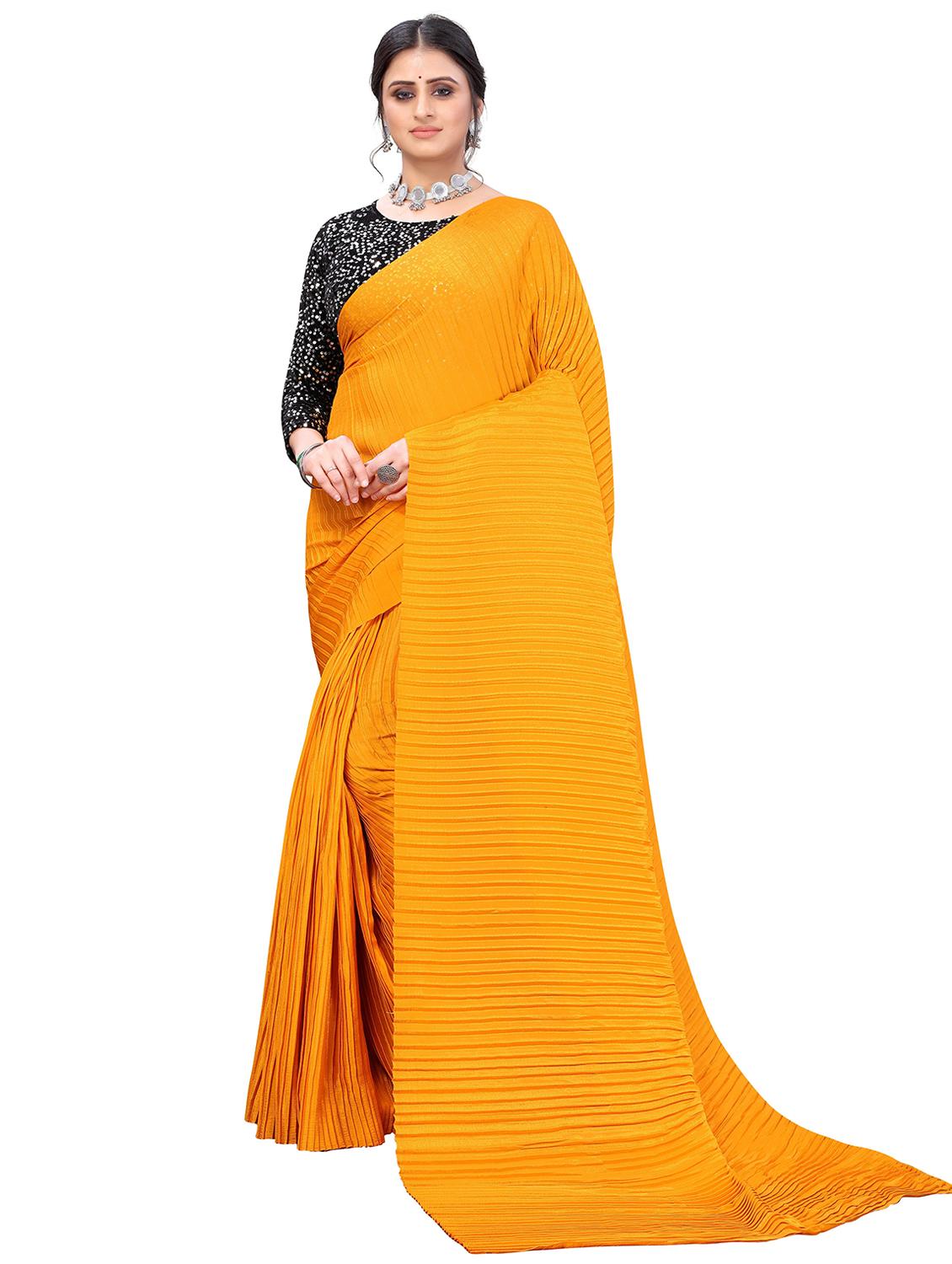 yellow plain saree with blouse - 19301328 - Zoom Image - 0