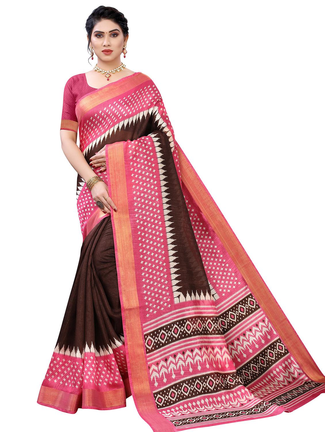 contrast border printed saree with blouse - 19301708 -  Zoom Image - 0