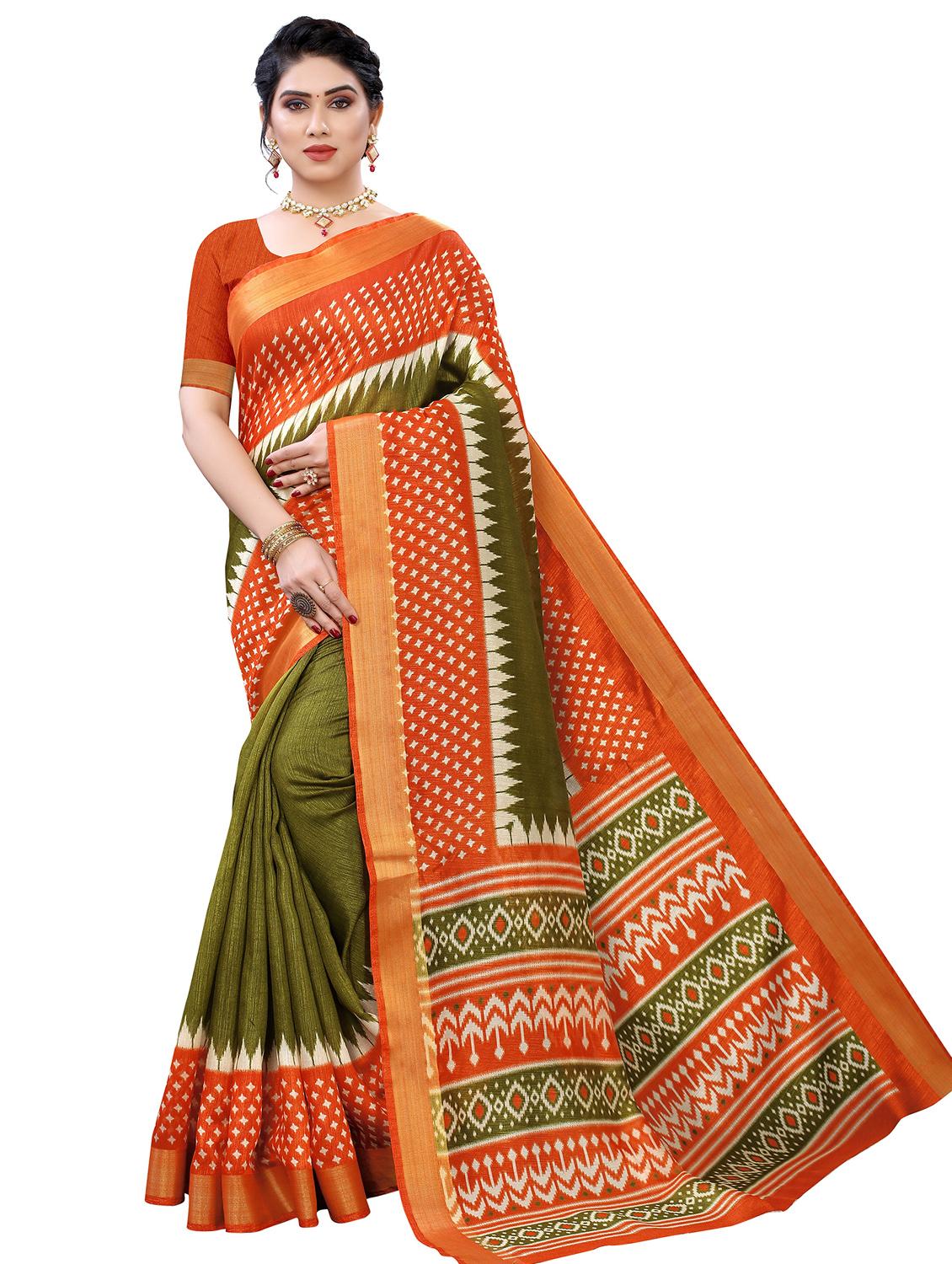 contrast border printed saree with blouse - 19301756 - Zoom Image - 0