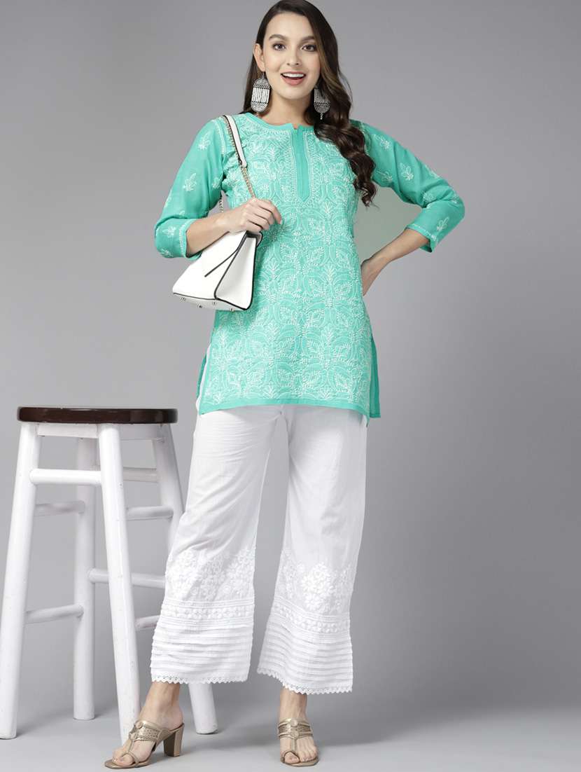 Ada Women's Hand Embroidered Sea Green Cotton Lucknowi Chikankari Straight Kurti - 19303407 -  Standard Image - 3