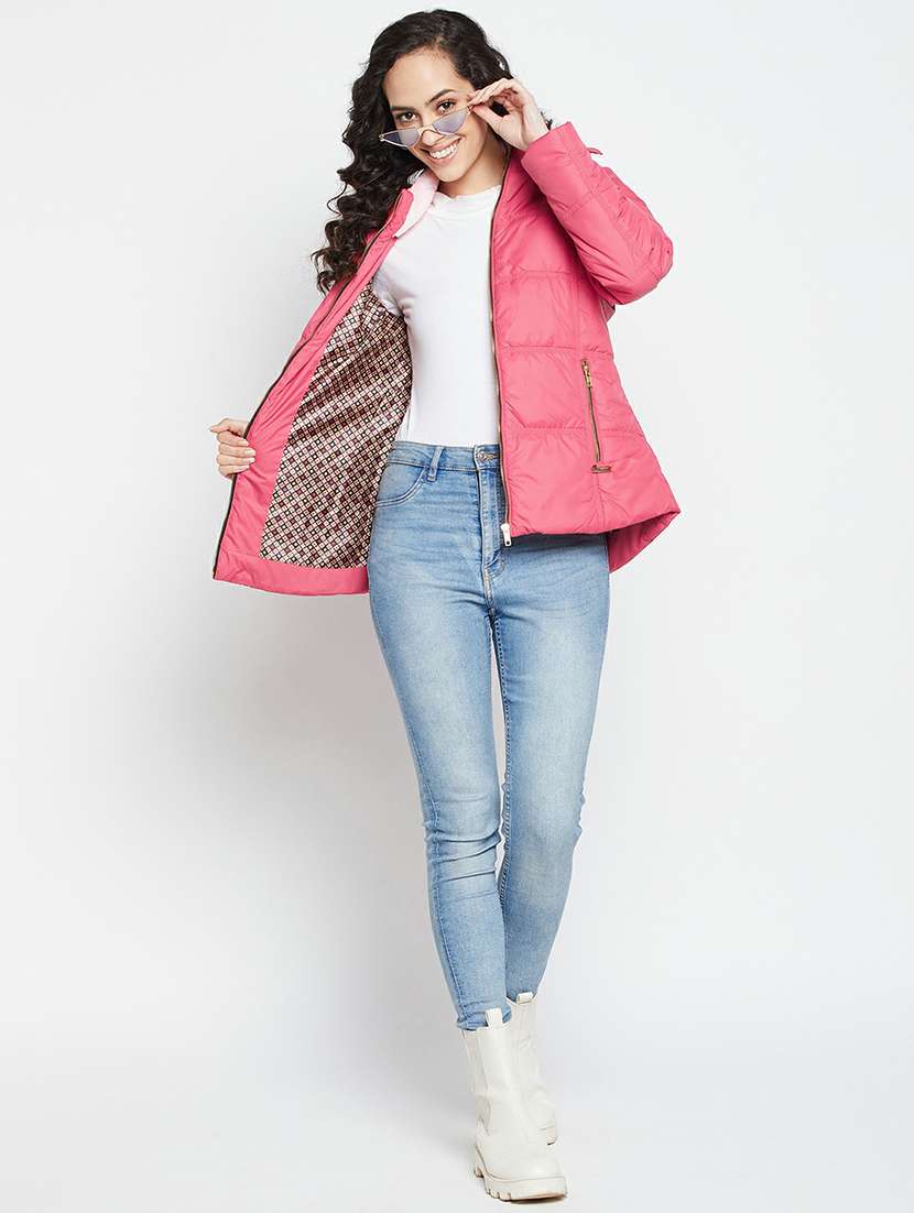 hooded collar solid padded jacket - 19304383 -  Standard Image - 3