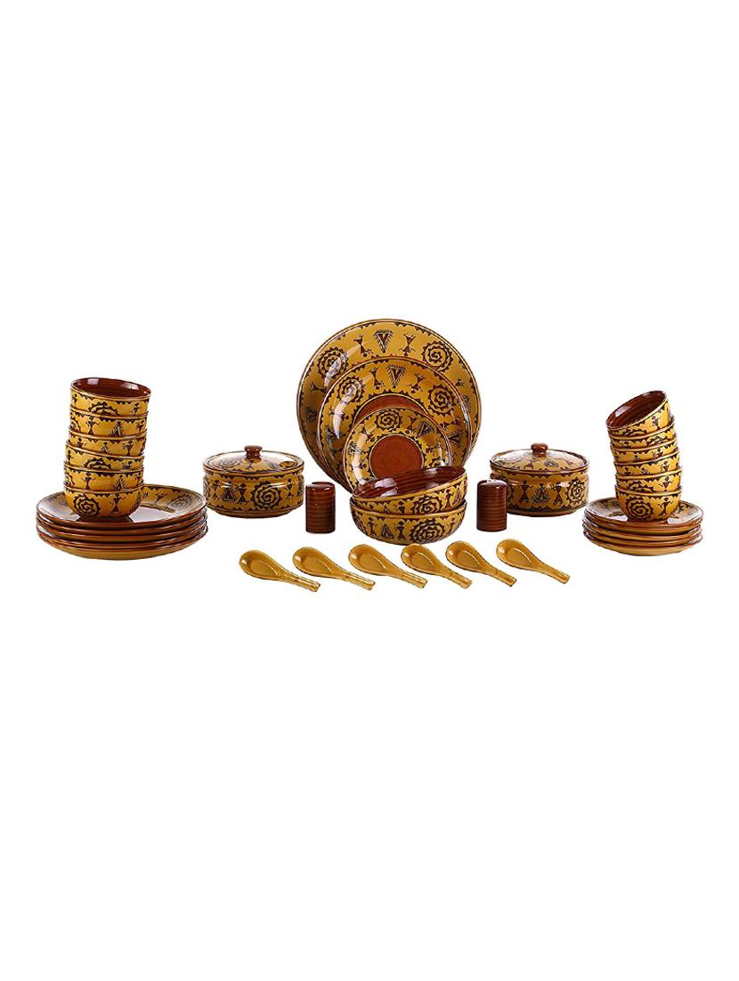 caffeine ceramic handmade mustard romani combo dinner set (37 pcs. microwave safe & dishwasher safe ) - 19304482 - Zoom Image - 0