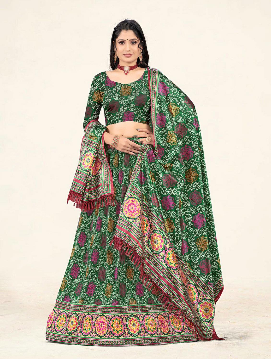 green bandhani printed a-line lehenga - 19304679 - Zoom Image - 0