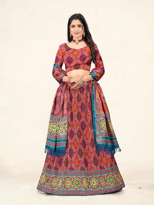 red a-line bandhani printed lehenga - 19304681 - Standard Image - 0