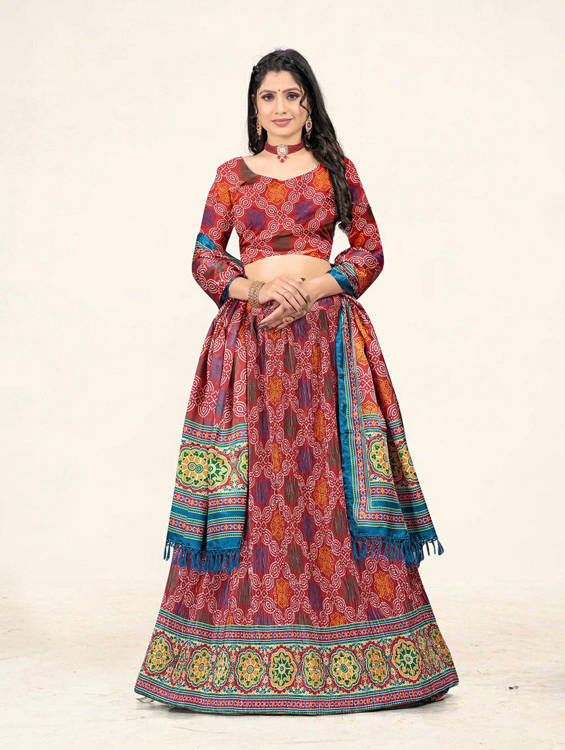 red a-line bandhani printed lehenga - 19304681 - Zoom Image - 0