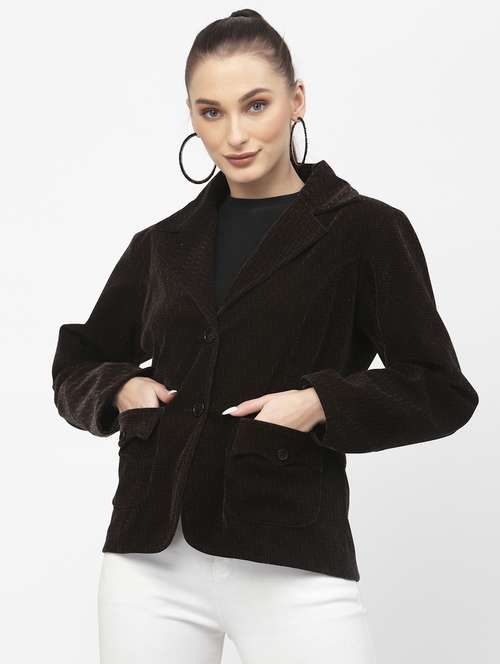 brown solid velvet casual blazer - 19304898 - Standard Image - 0