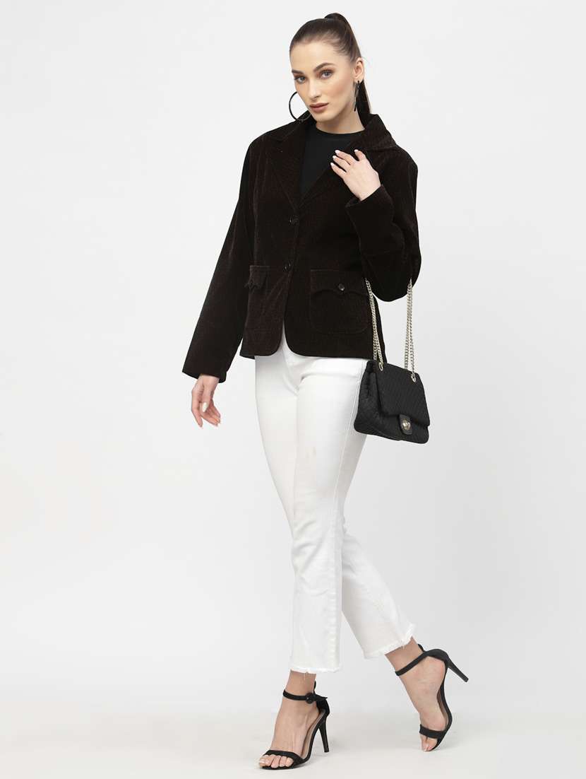 brown solid velvet casual blazer - 19304898 - Standard Image - 3