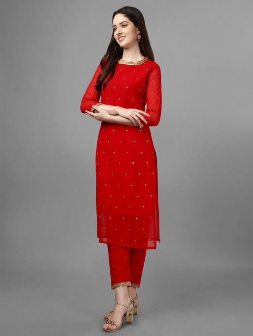 red self design straight kurta - 19313565 - Standard Image - 0