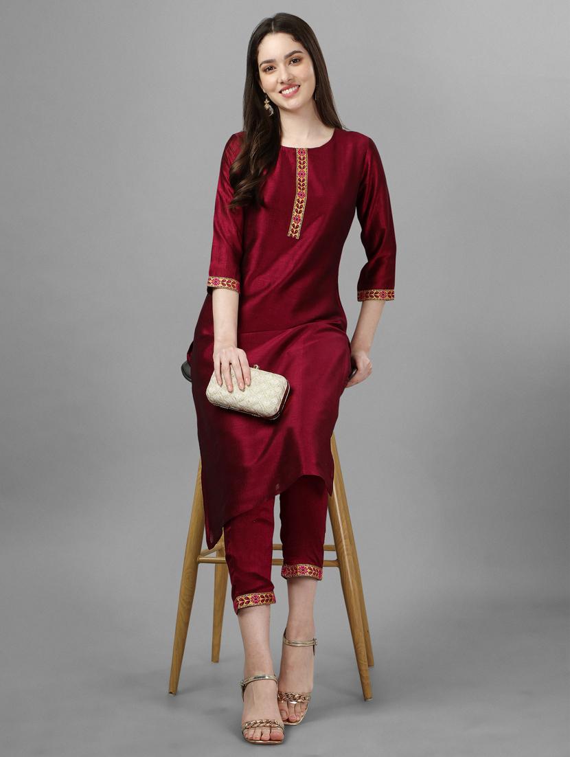 red silk kurta pant set - 19313573 - Standard Image - 3