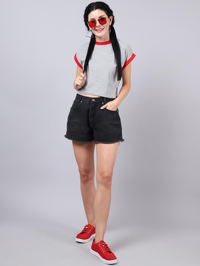 grey round neck solid crop t-shirt - 19313727 - Standard Image - 3
