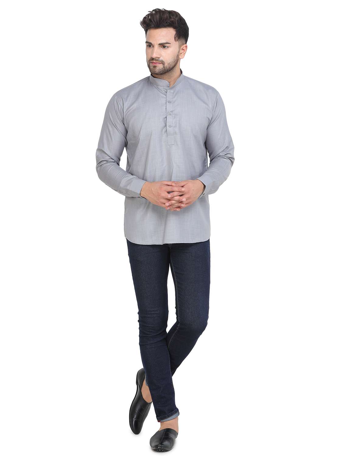 mandarin neck solid short kurta - 19313834 - Standard Image - 3