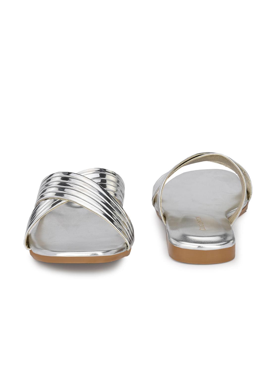 silver synthetic slip on sandals - 19313873 - Standard Image - 3