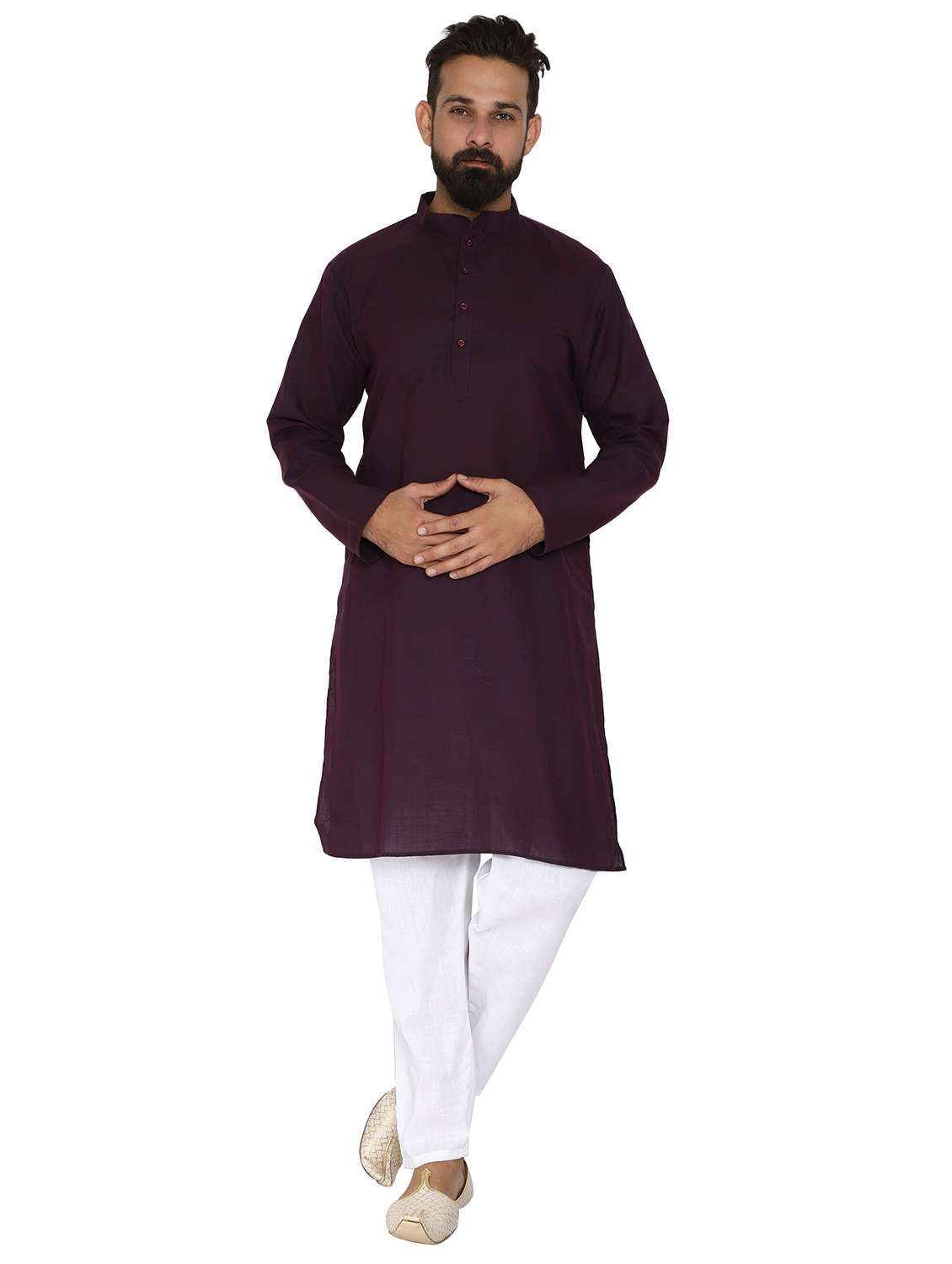  violet solid long kurta pyjama ethic wear set