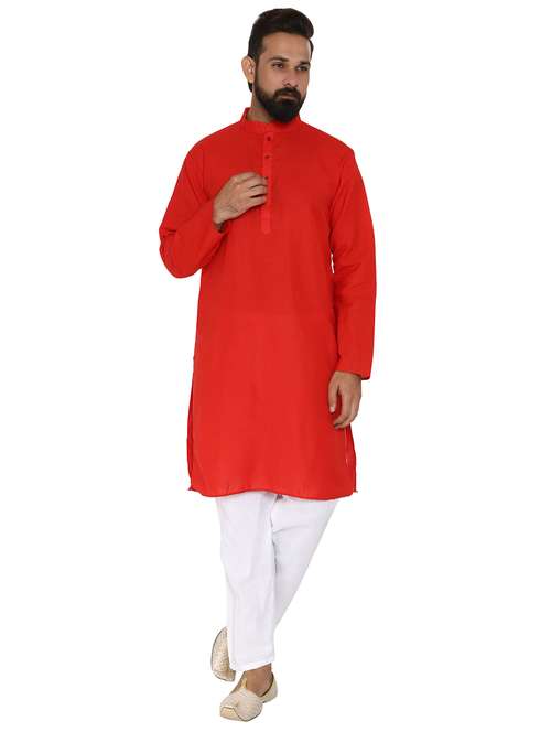 red solid long kurta pyjama ethic wear set - 19313972 -  Standard Image - 0