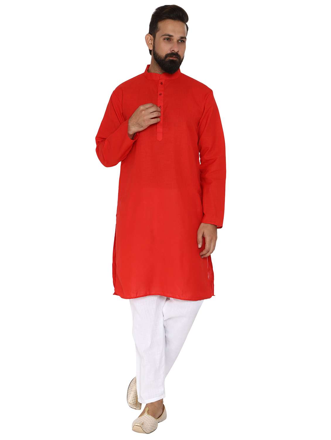 red solid long kurta pyjama ethic wear set - 19313972 -  Zoom Image - 0