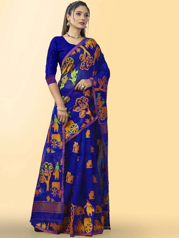 women's self design royal blue colored saree with blouse - 19323492 - Zoom Image - 0