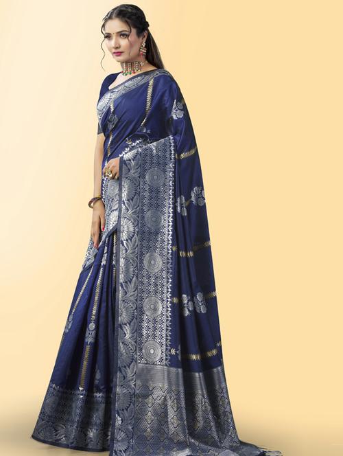 dark blue silk banarasi saree with blouse - 19323529 - Standard Image - 0