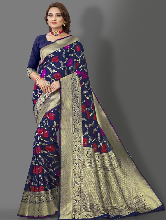 dark blue silk banarasi saree with blouse - 19323549 - Zoom Image - 0