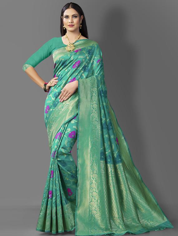 turquoise silk banarasi saree with blouse - 19323551 - Zoom Image - 0