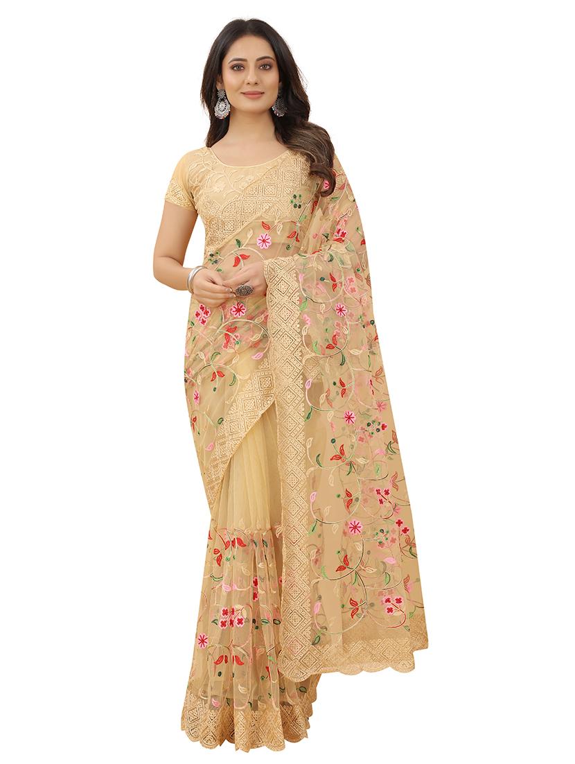beige net embroidered saree with blouse - 19325732 - Zoom Image - 0