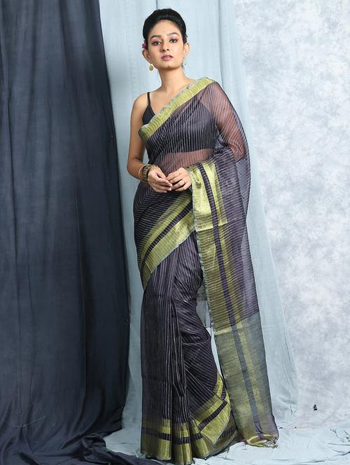 women's stripes black colored saree with blouse - 19328894 -  Standard Image - 0